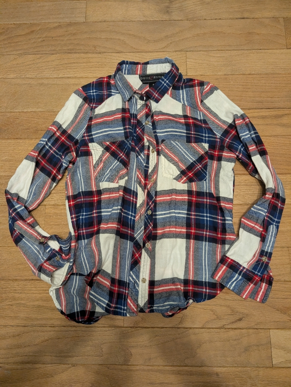 Women's Polly & Esther Plaid Button-Up Shirt in Navy, Red & White Size Medium